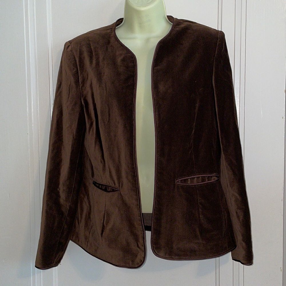 Vtg 80s Paul Shaw‎ brown velvet open front/buttonless jacket
